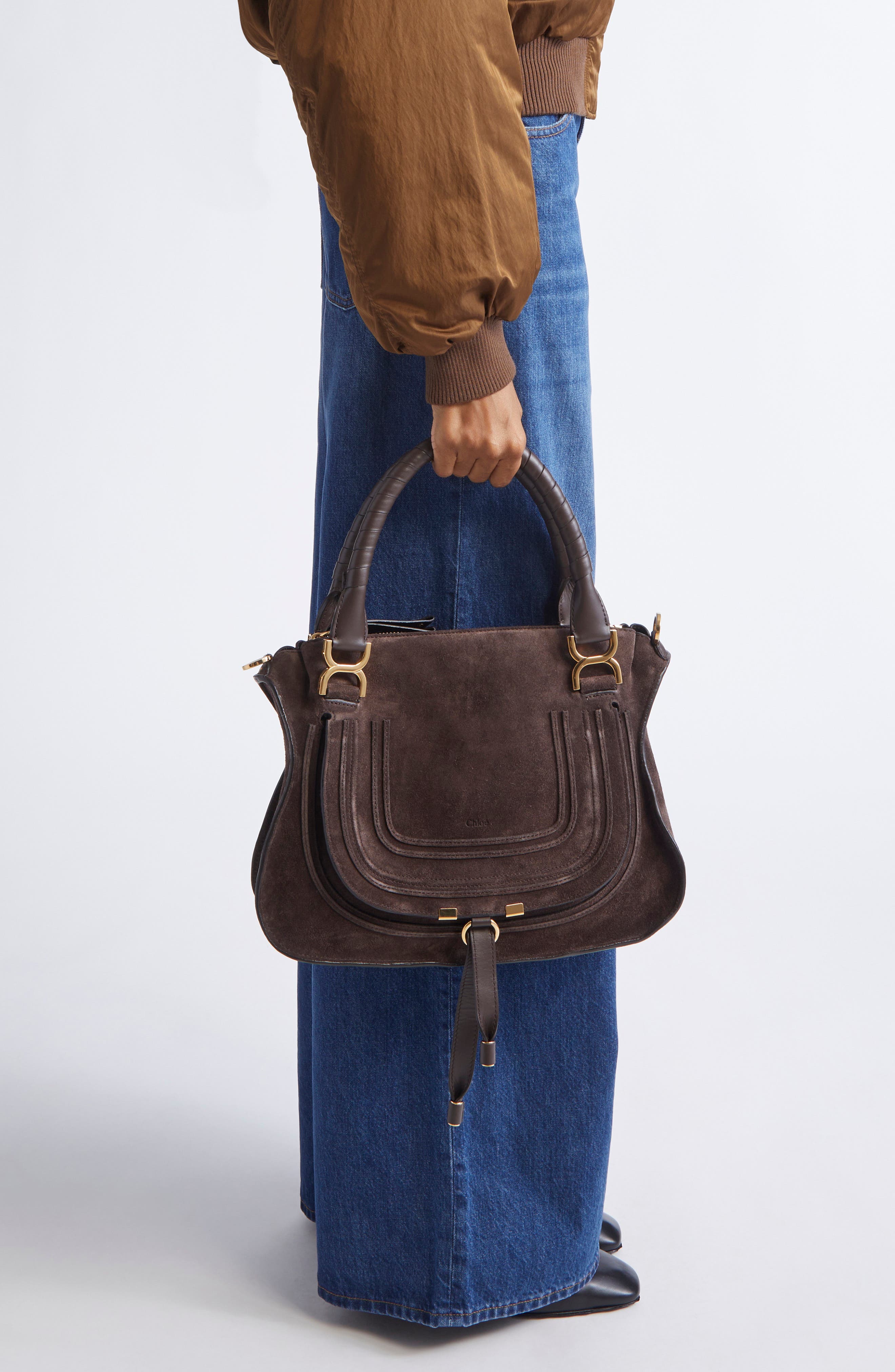 Chloé Medium Marcie Suede Satchel, Alternate, color, Kohl Brown