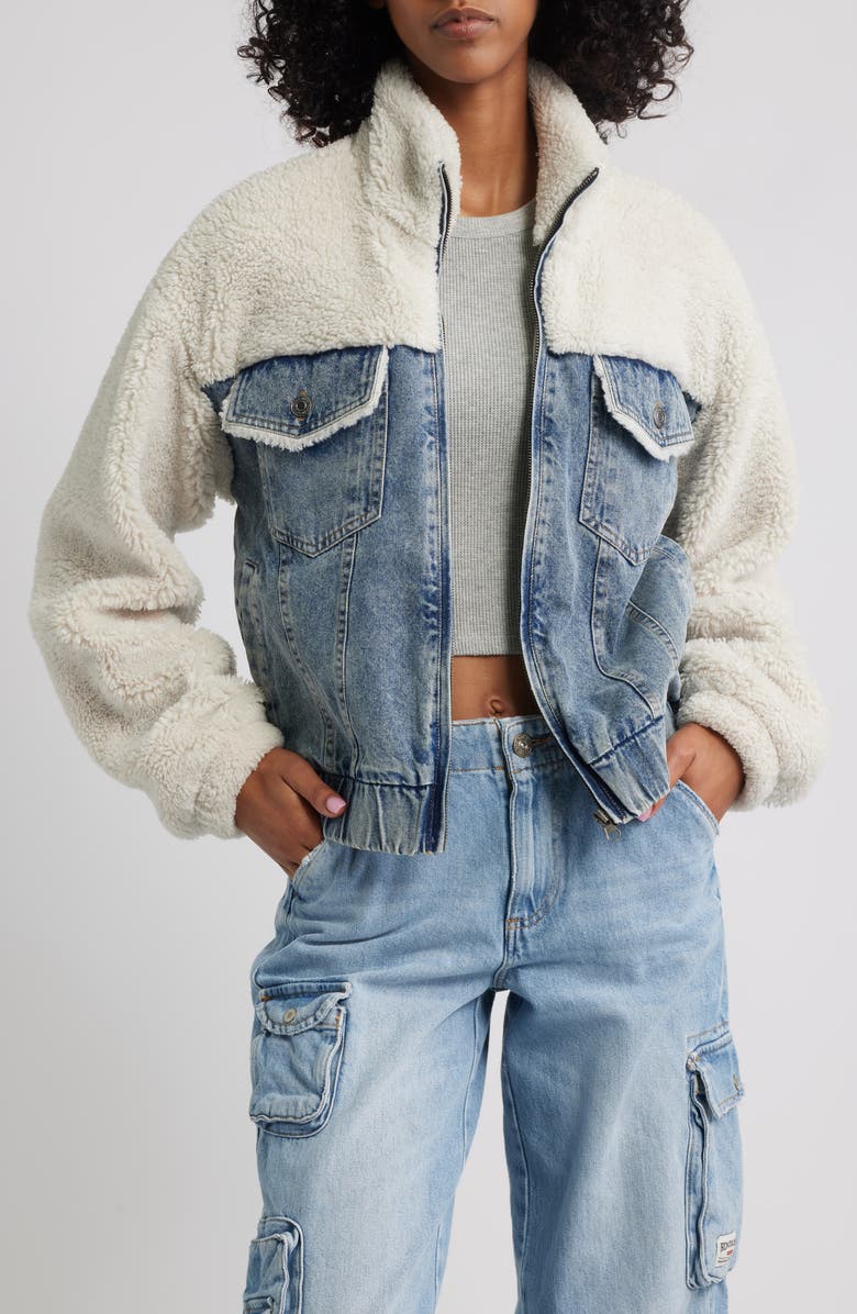 Thread & Supply Denim & Faux Shearling Trucker Jacket, Main, color,