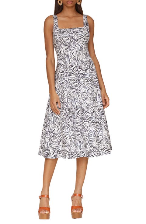 Floral Linen Blend Fit & Flare Midi Dress