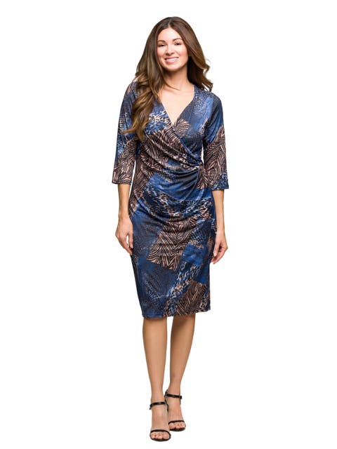 Three Quarter Sleeve Faux Wrap Dress in Animal Print