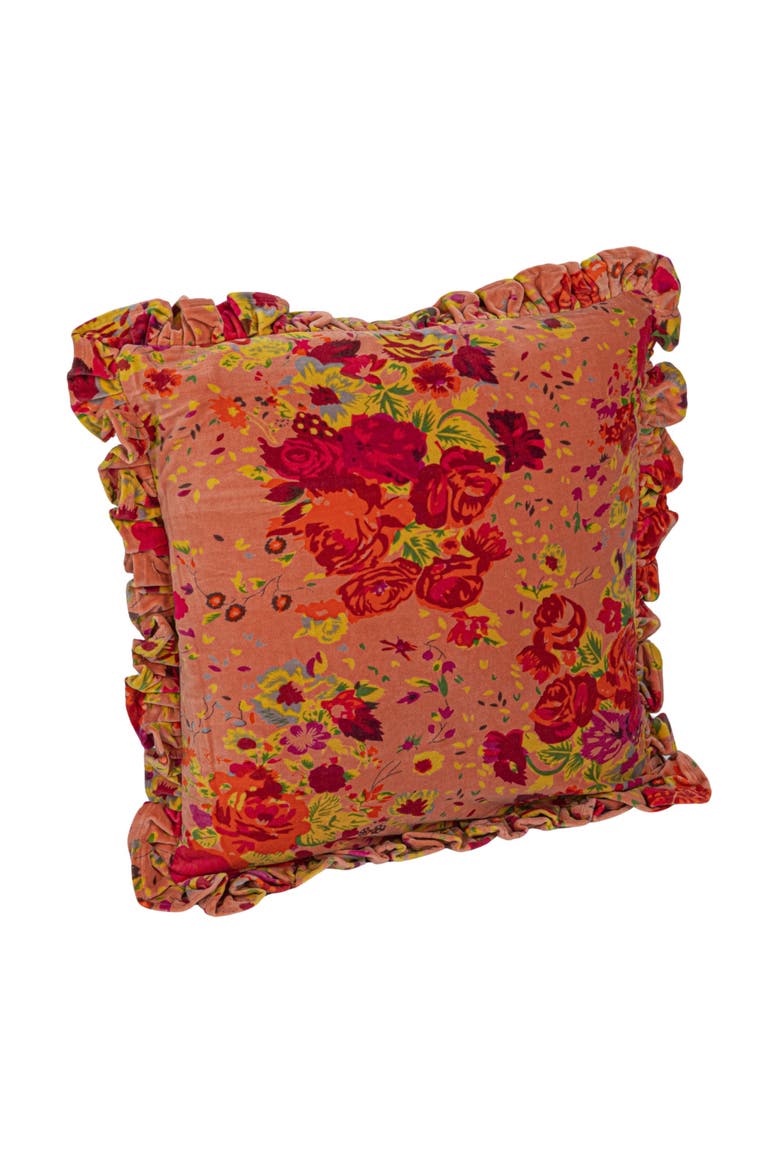 Cotton Velvet Printed Pillow with Floral Pattern, Chambray Back and Ruffle, Multicolor, Main, color, Multicolor