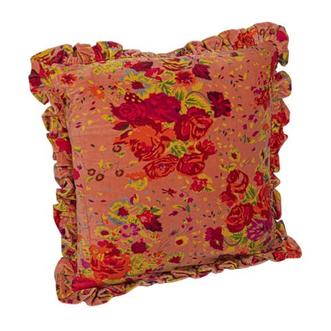 Cotton Velvet Printed Pillow with Floral Pattern, Chambray Back and Ruffle, Multicolor