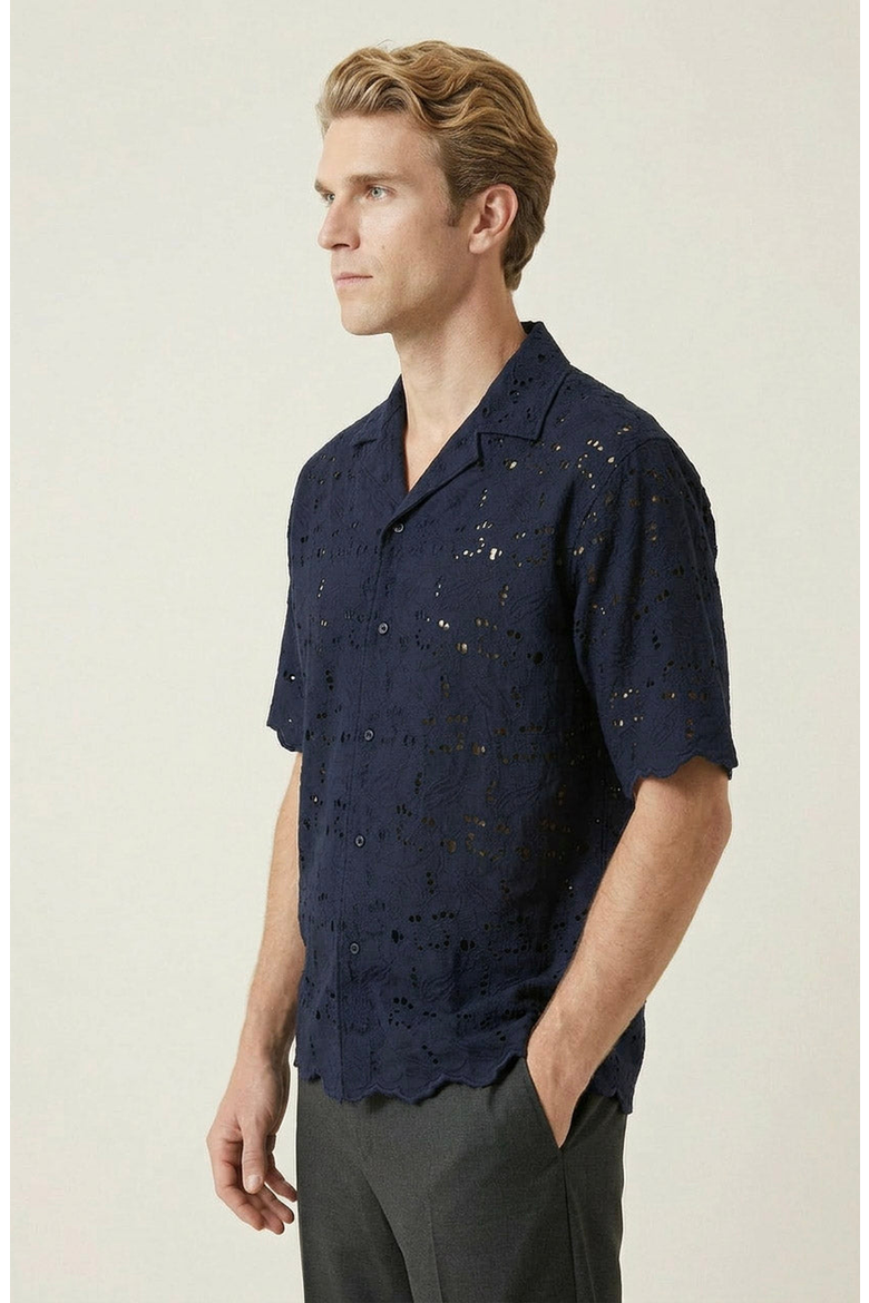 Textured Open Collar Short Sleeve Shirt, Alternate, color, Navy Blue