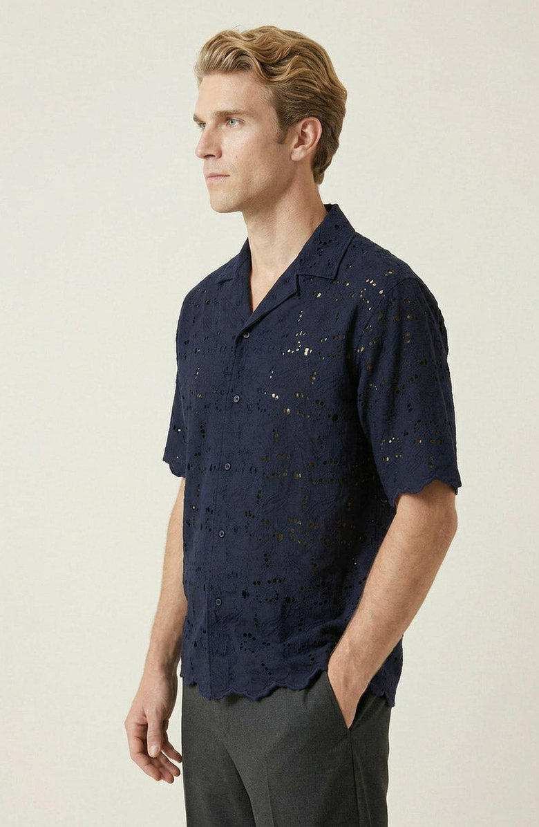 Modenaire Textured Open Collar Short Sleeve Shirt, Alternate, color, Navy Blue