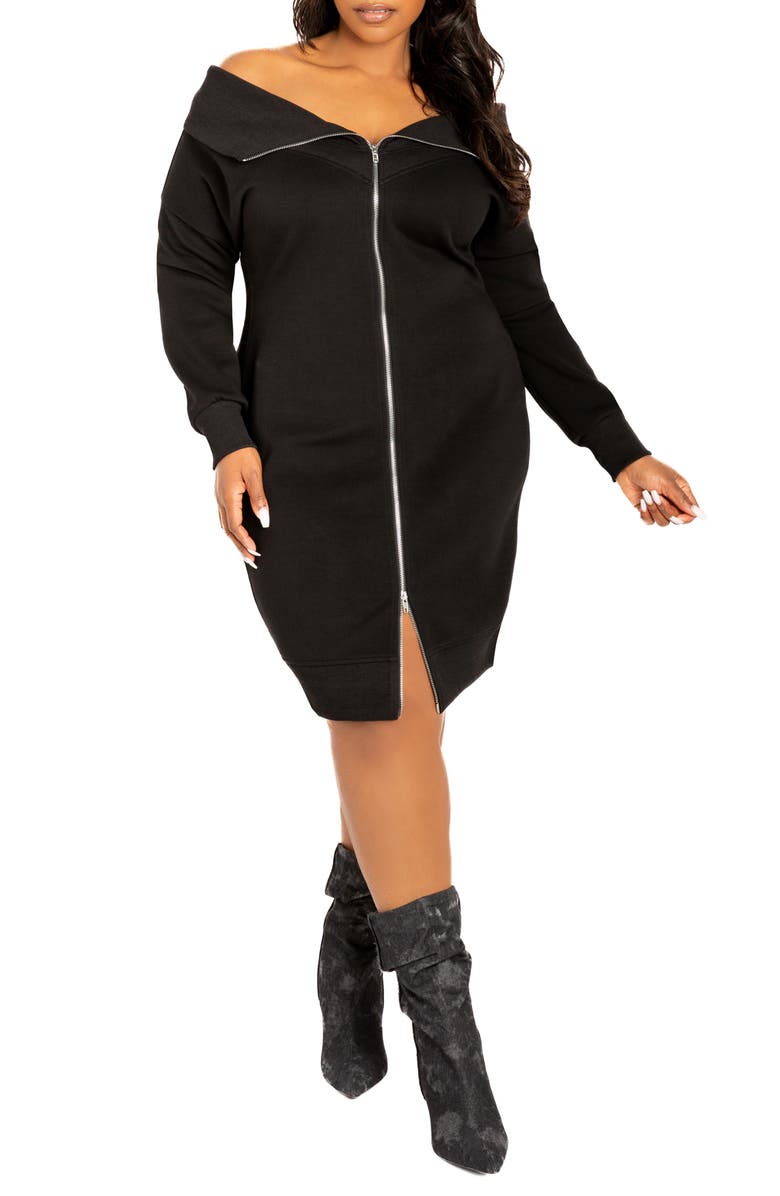 BUXOM COUTURE Off the Shoulder Long Sleeve Sweater Dress, Main, color, Black