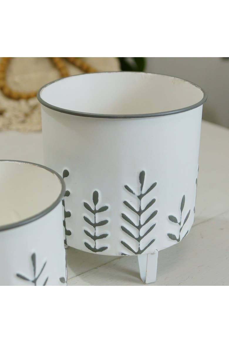 Metal White Embossed Floral Planter on Stand Set of 2, 7.5 Inch Decorative Indoor Planters, Alternate, color, White
