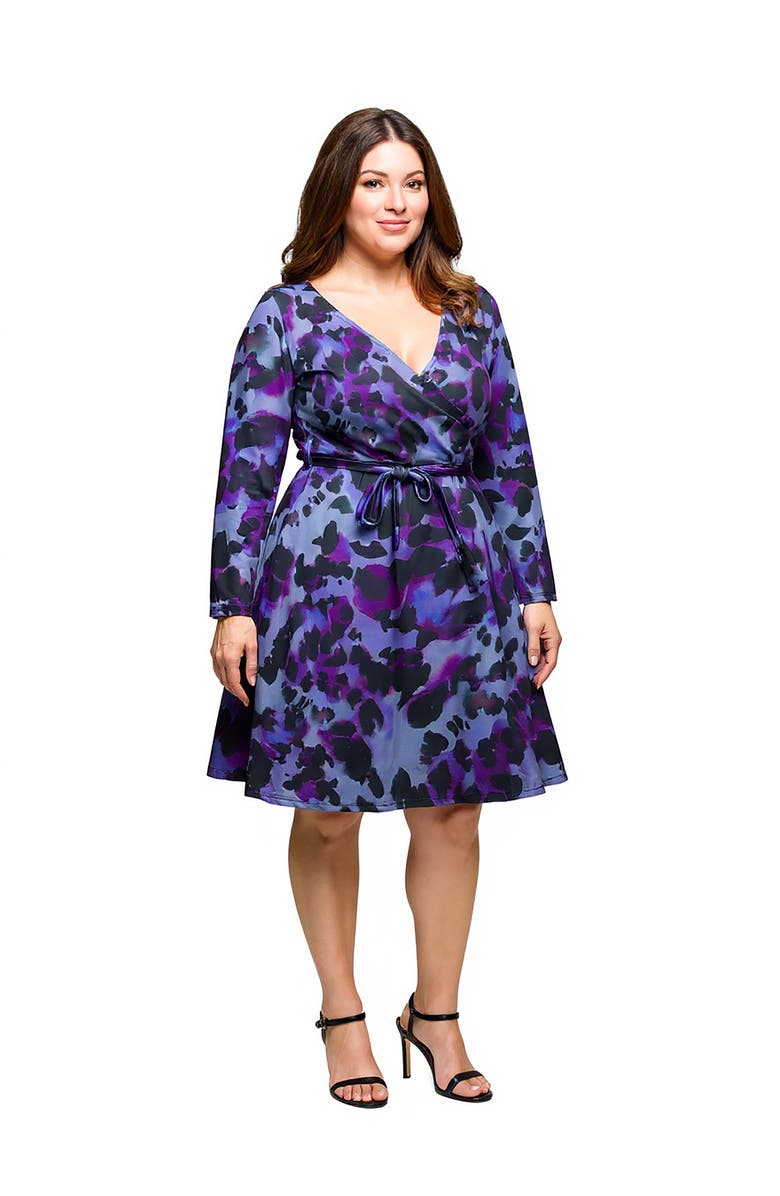 24seven Comfort Apparel Long Sleeve Wrap Dress with Belt in Print, Alternate, color, Purple Multi
