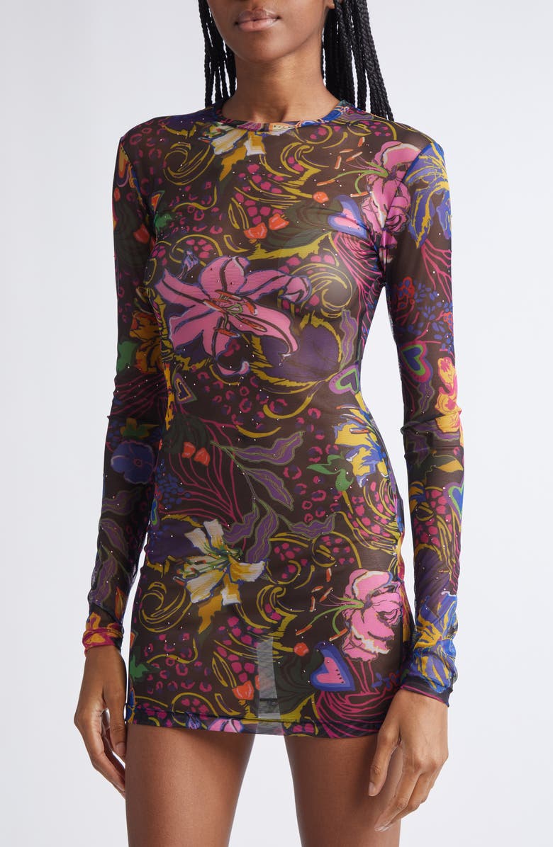 Area Hotfix Printed Long Sleeve Tulle Minidress, Alternate, color, Black Multi