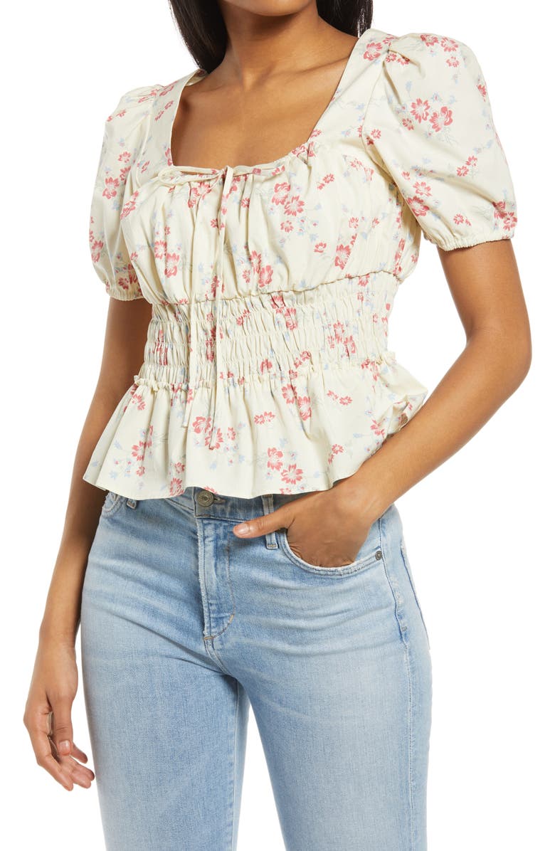 WAYF Lucian Floral Smocked Waist Top, Main, color, Ivory Whisper Floral