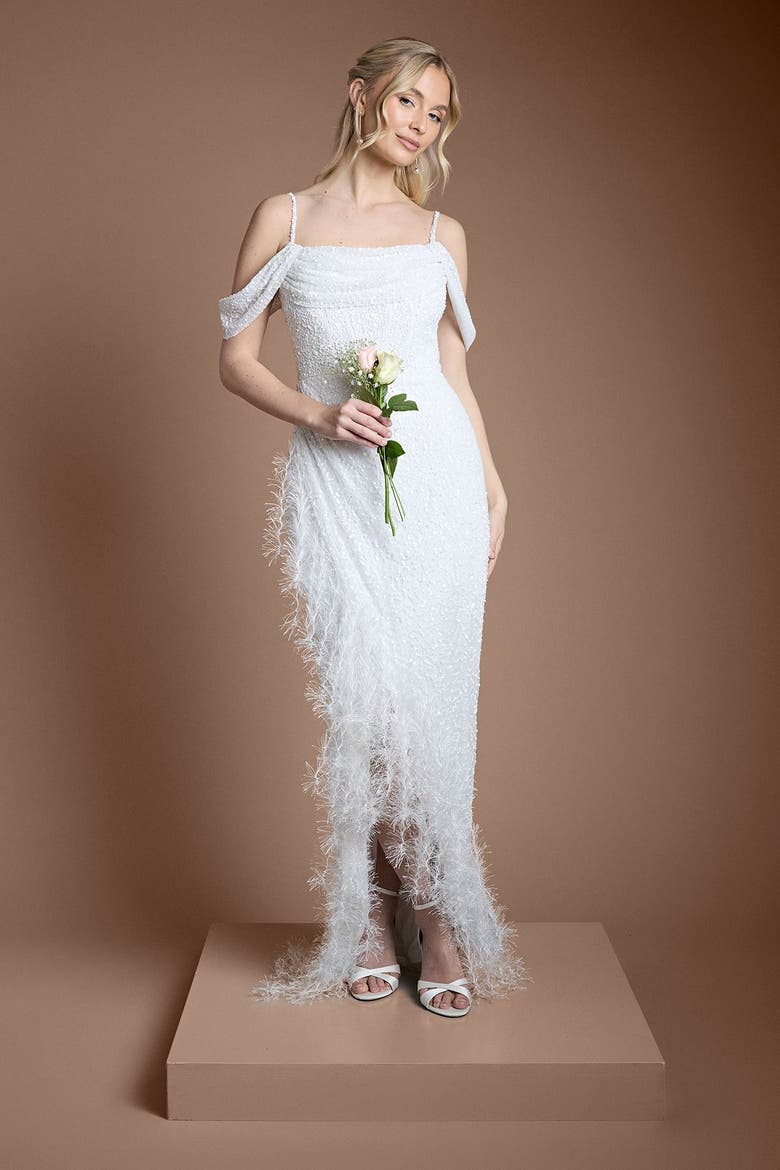 Bardot Neck Feather Trim Maxi Dress, Alternate, color, Ivory