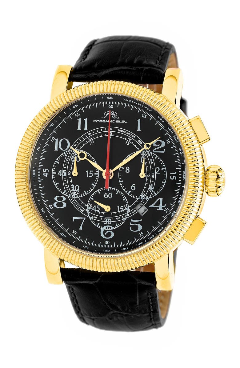PORSAMO BLEU Men's Phileas Alligator Embossed Leather Vintage Style Chronograph Watch, 48mm, Main, color, 