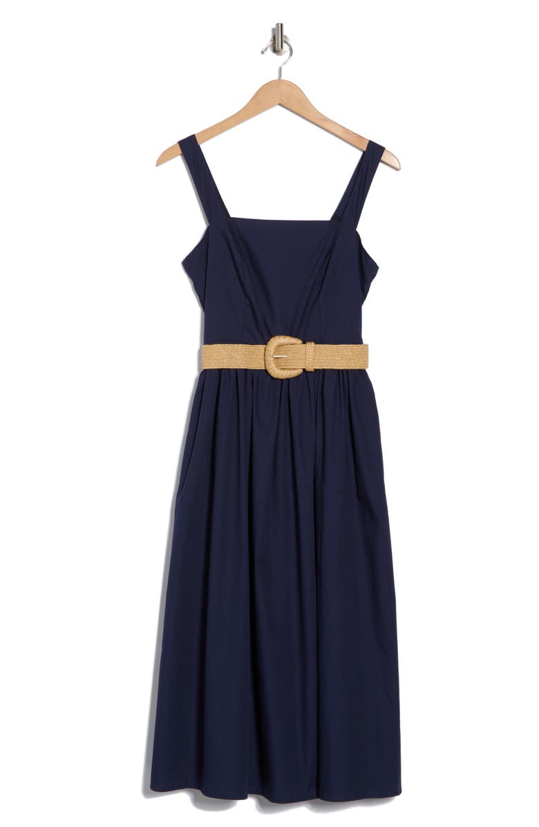 Eliza J Square Neck Belted Cotton Sundress, Alternate, color, Navy