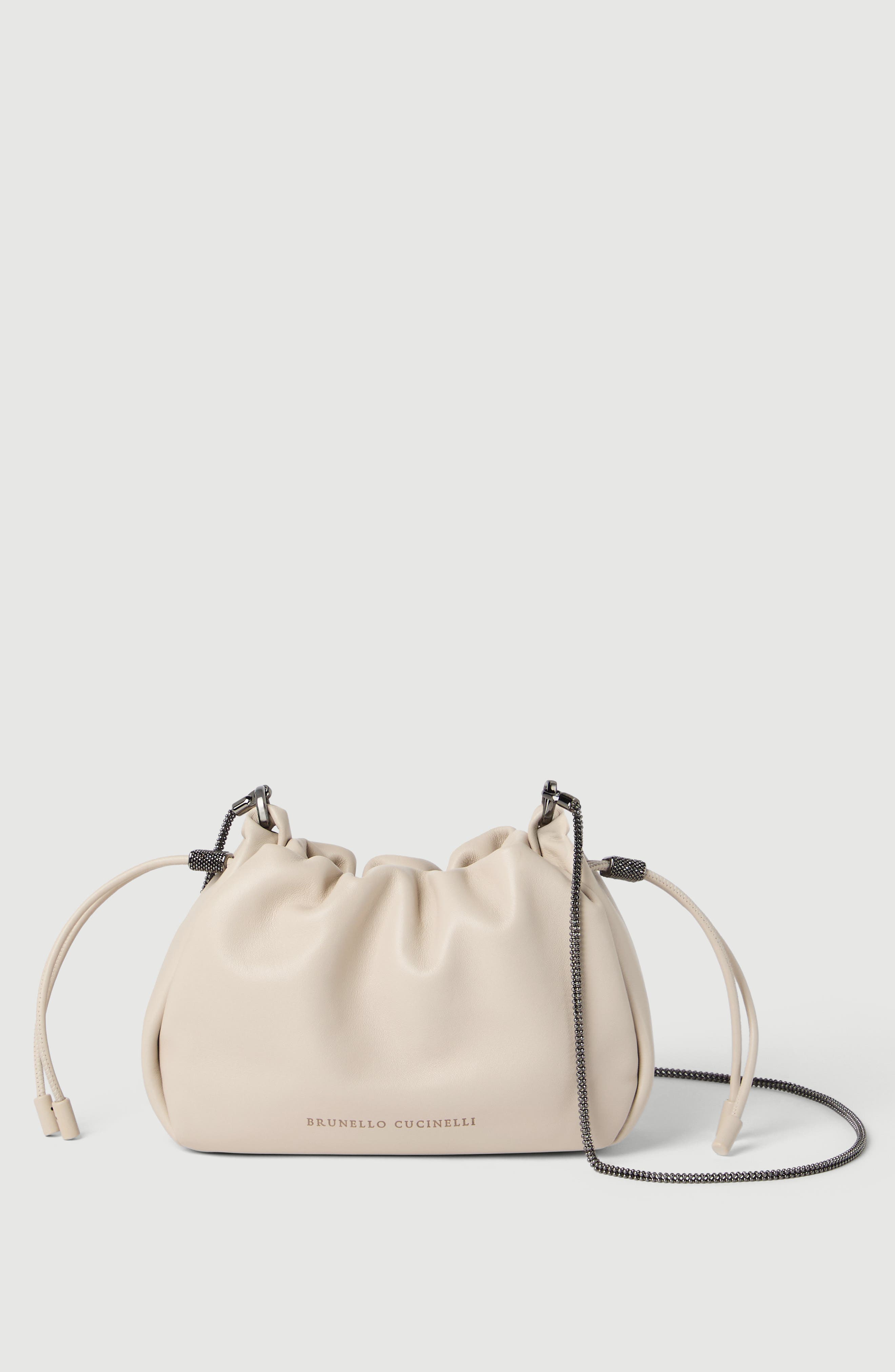 Mellow mini bucket bag in soft leather with precious chain, Main, color, Ivory