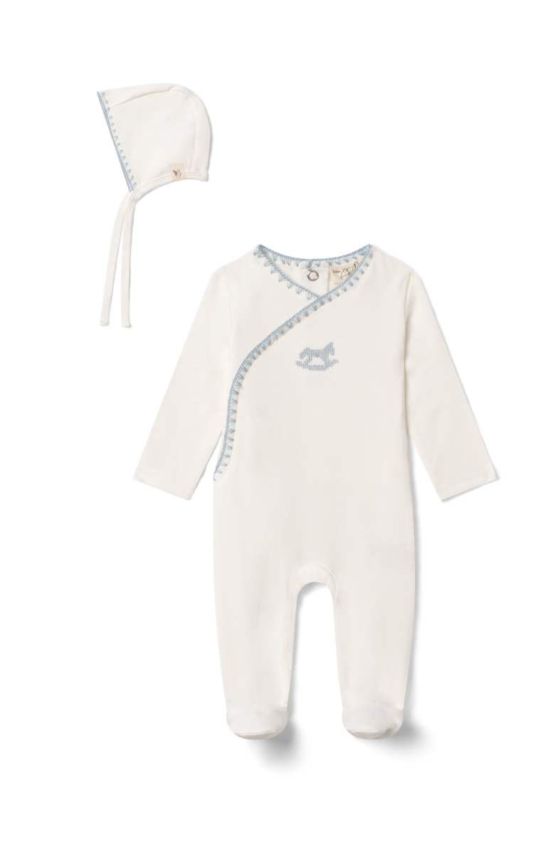Bebe Bella Boy Embroidered Rocking Horse Wrap Romper with Bonnet, Main, color, Cream