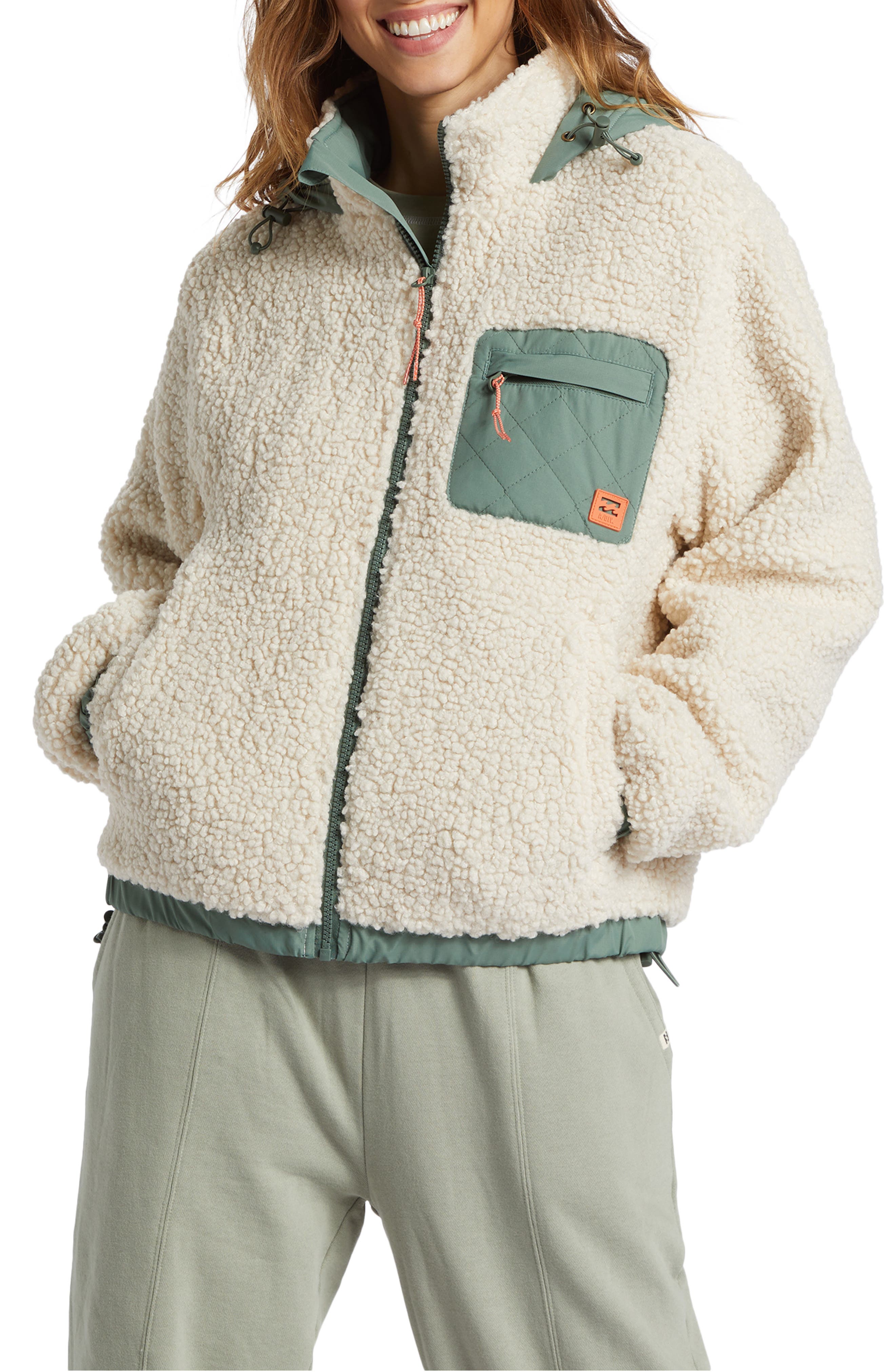 Billabong Northern Shore Teddy Fleece Zip-Up Hooded Jacket in White Cap 