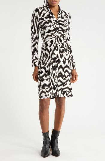 Diane von Furstenberg Sheska Ruched Shirtdress in Troy Maze Med Black-White at Nordstrom Rack, Size Large