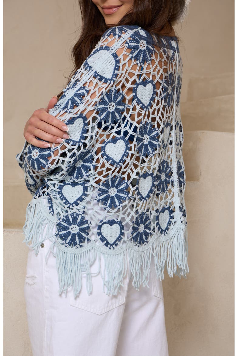 Heart Fringe Trim Crochet Poncho, Alternate, color, BLUE