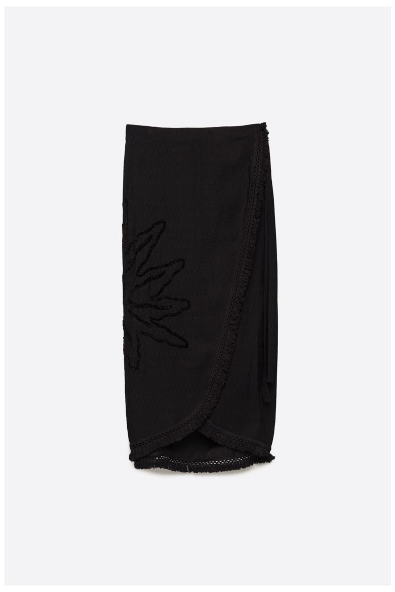 Fringed Sarong Midi Skirt, Alternate, color, BLACK