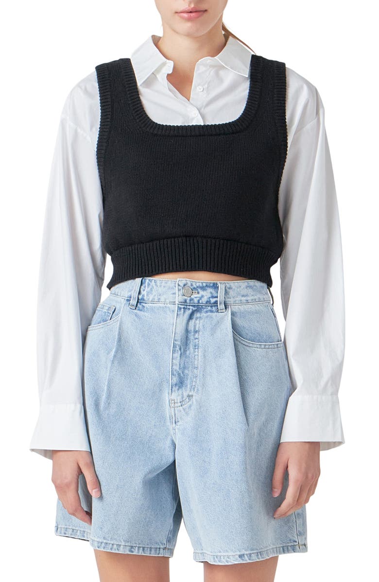 Grey Lab Layered Button-Up Shirt, Main, color, Black/ White