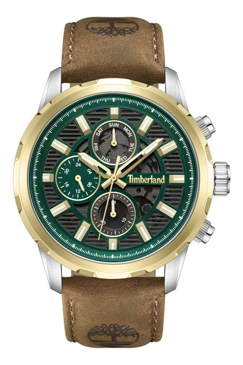 Hampton Harbour Multifunction Chronogrpah Leather Strap Watch, 46mm, Main, color, DARK BROWN