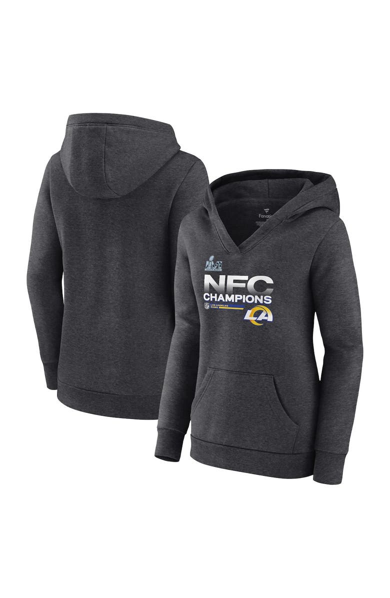 FANATICS Women's Fanatics Branded Heathered Charcoal Los Angeles Rams 2021 NFC Champions Locker Room Trophy Collection V-Neck Pullover Hoodie, Main, color, 