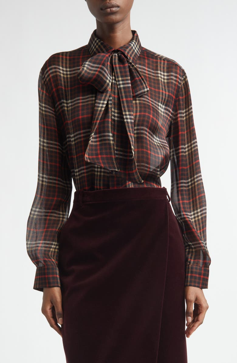 Saint Laurent Plaid Silk Crepe Tie Neck Button-Up Shirt, Main, color, Marron/ Craie/ Rouge