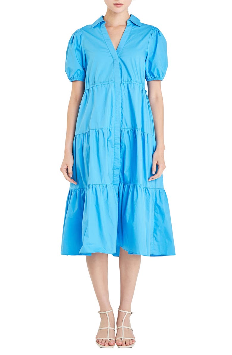 English Factory Tiered Puff Sleeve Poplin Midi Dress, Alternate, color, Ocean Blue