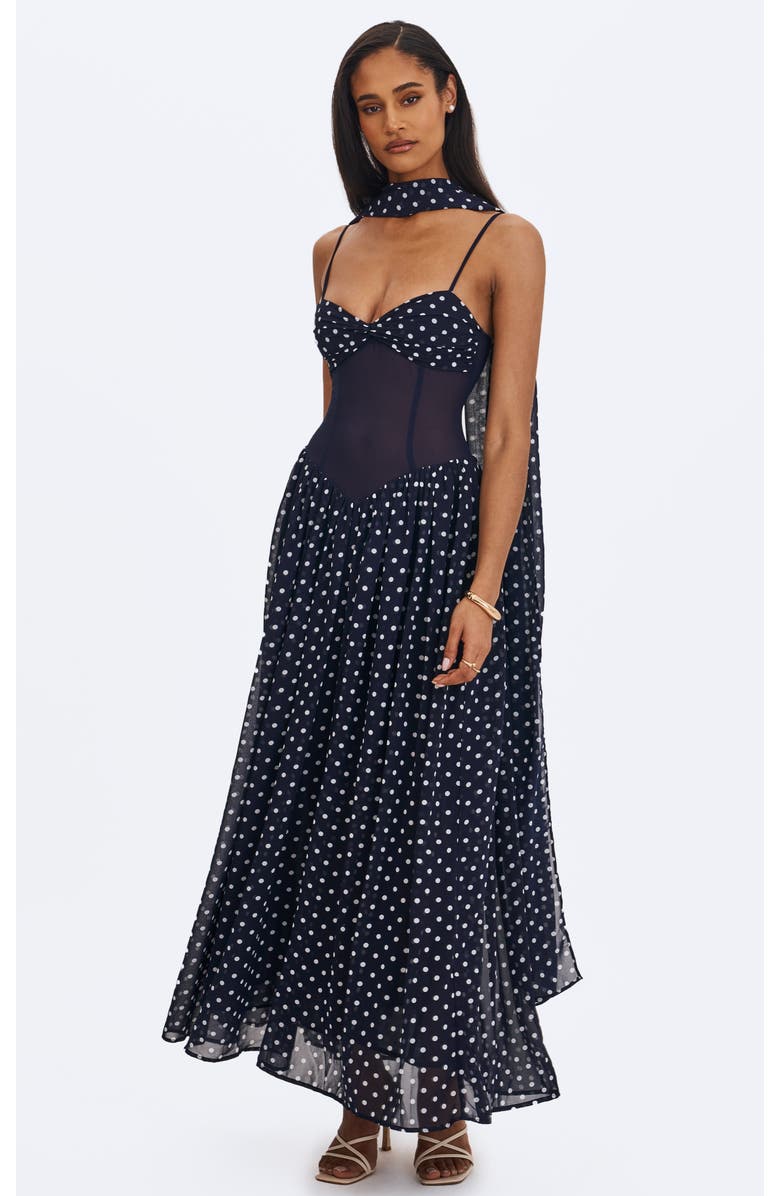 Miss Circle Juliette Polka Dot Chiffon Maxi Dress, Main, color, Navy Blue