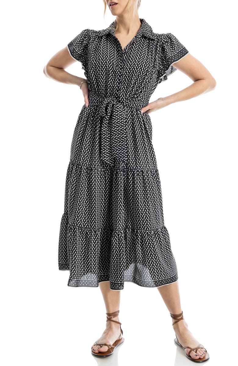 MAX STUDIO Floral Tie Front Shirtdress, Main, color, Cream/ Black Petal