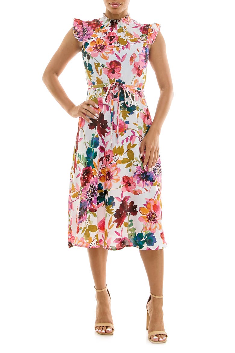 Smocked Neck Tie Waist Midi Dress, Main, color, IVORY MULTI