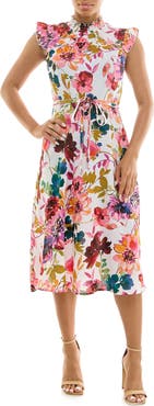 Nina Leonard Smocked Neck Tie Waist Midi Dress
