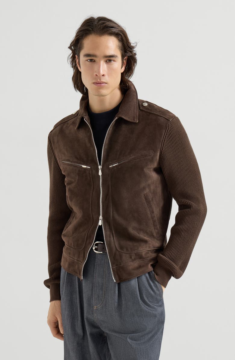 Brunello Cucinelli Suede and knit outerwear jacket, Alternate, color, Espresso