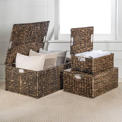 Brooks Classic Farmhouse Woven Hyacinth Rectangular Storage Baskets with Lids and Handles