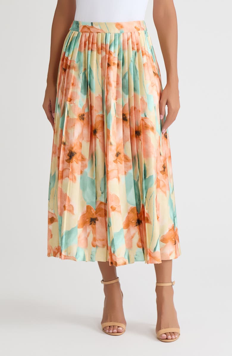 Misook Floral Pleated Crepe de Chine Maxi Skirt, Main, color, Sunglow/Mystic Green