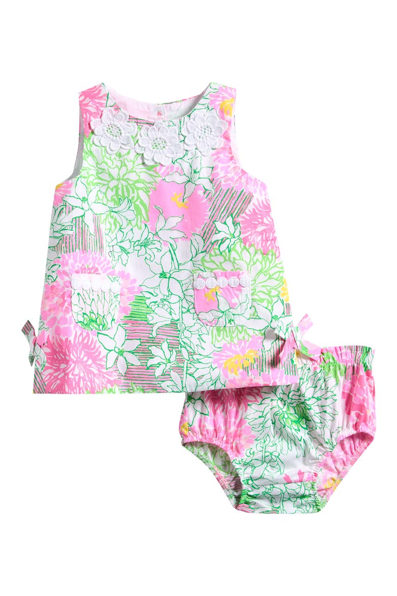 Baby Lilly Floral Cotton Shift Dress & Bloomers, Main, color, RESORT WHITE MUM PATCH