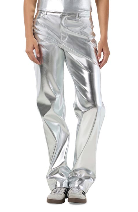 Silver High Waist Straight Leg Pants