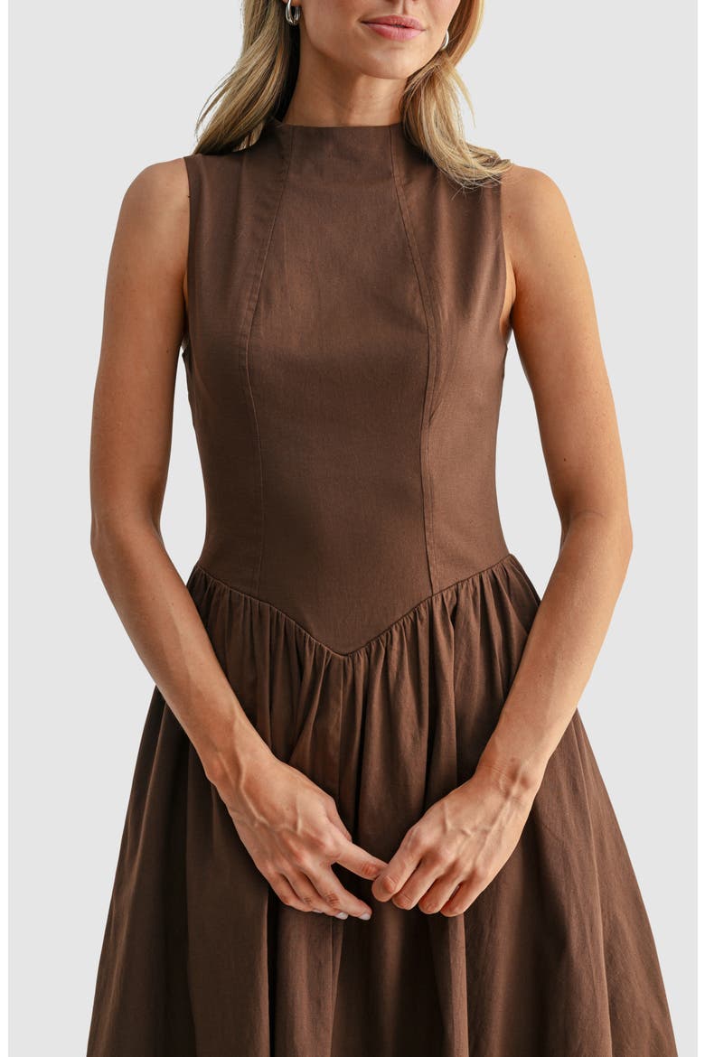Mock Neck Drop Waist Fit & Flare Midi Dress, Alternate, color, BROWN