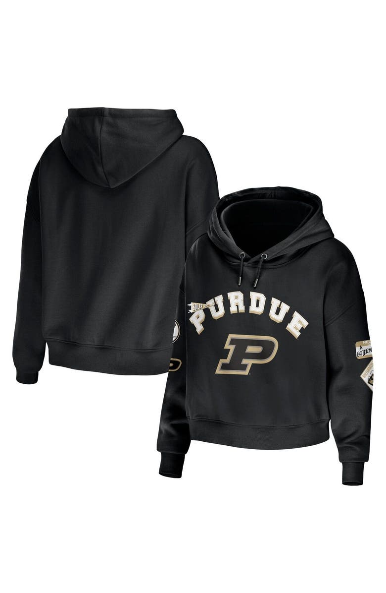 WEAR by Erin Andrews Women's WEAR by Erin Andrews Black Purdue Boilermakers Mixed Media Cropped Pullover Hoodie, Main, color, Black