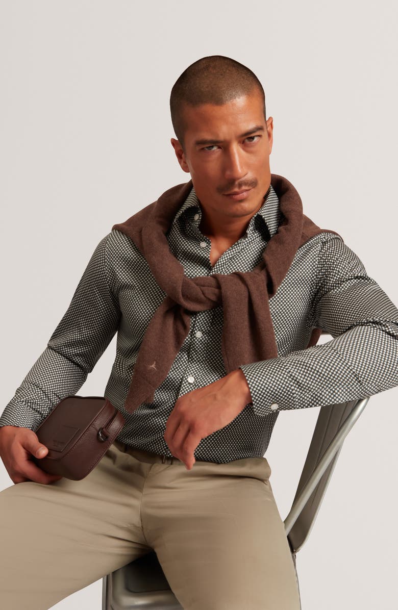 Ted Baker Jozef Print Cotton Button-Up Shirt, Alternate, color, Khaki