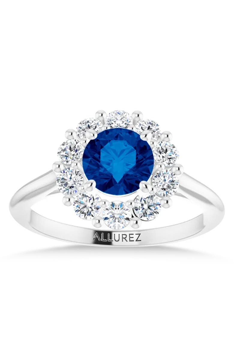 ALLUREZ Round Lab Blue Sapphire & Diamond Halo Ring 14K, Alternate, color, 1.71Ct/White Gold