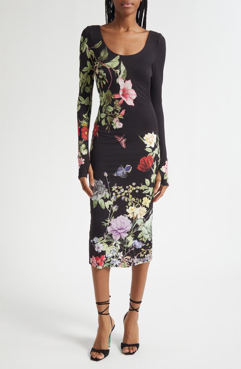 Alice + Olivia Delora Floral Print Long Sleeve Body-Con Dress, Main, color, Venus Floral