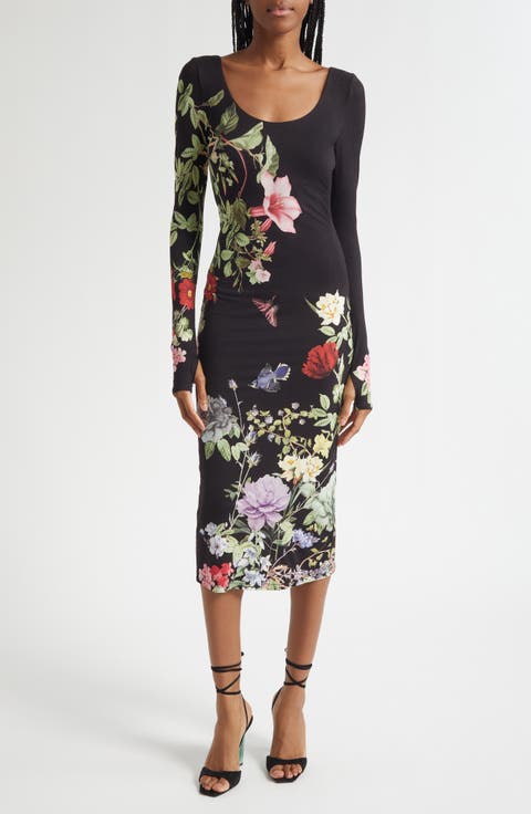 Delora Floral Print Long Sleeve Body-Con Dress