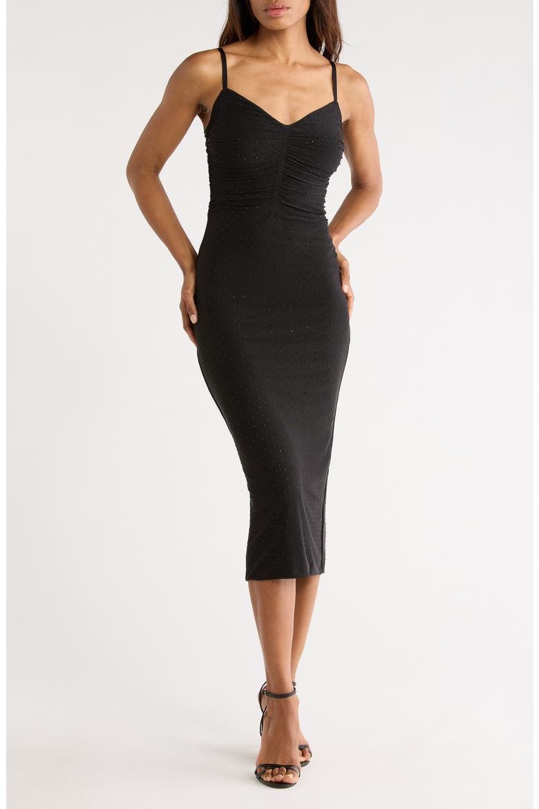 Narissa Rhinestone Embellished Shirred Mesh Midi Dress, Main, color, BLACK