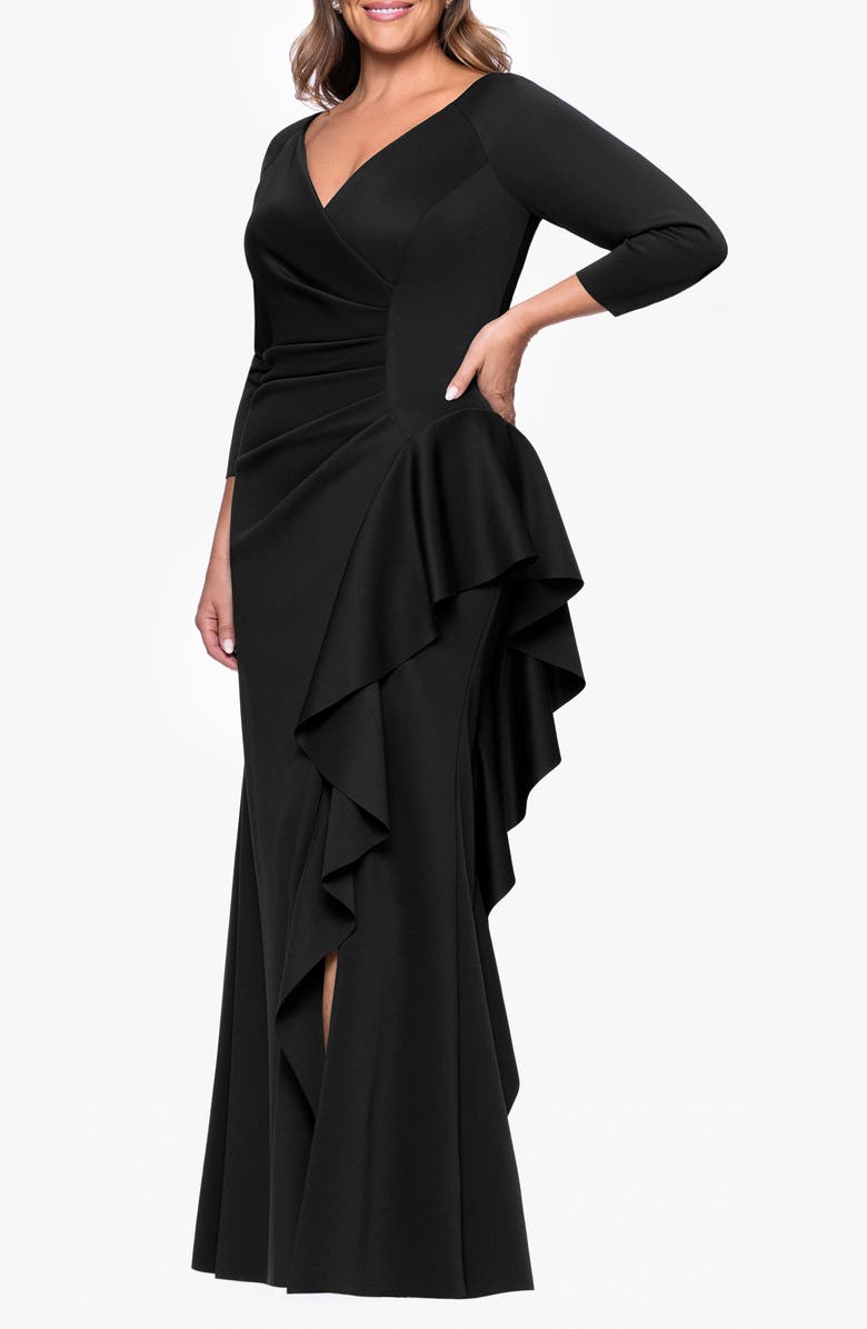 Xscape Evenings Ruched Scuba Knit Ruffle Gown, Alternate, color, Black