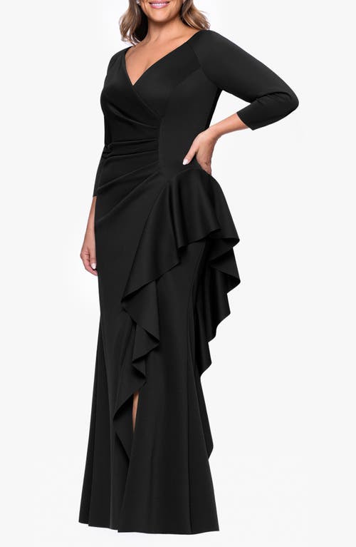 Xscape Evenings Ruched Scuba Knit Ruffle Gown