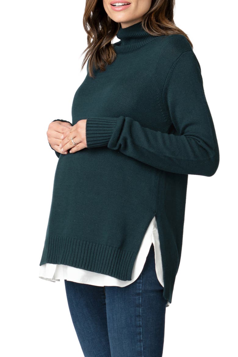 Layered Maternity/Nursing Turtleneck Sweater, Alternate, color, GREEN
