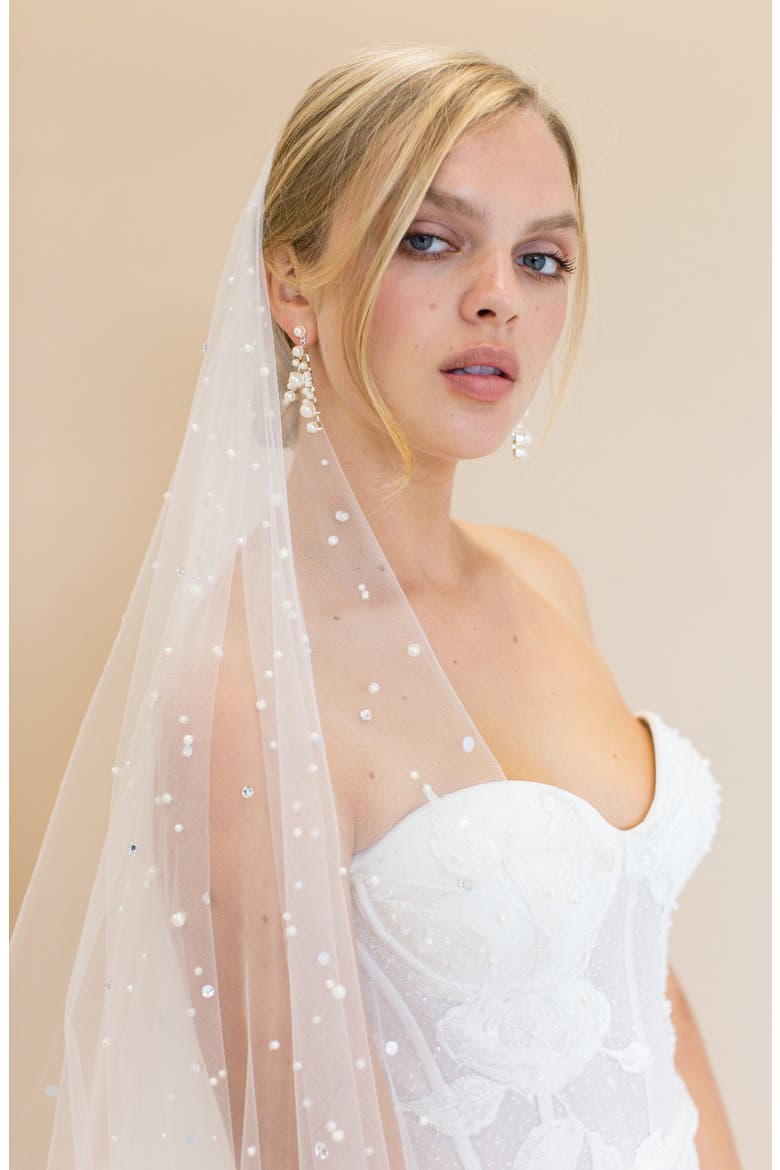 Layana Freshwater Pearl & Crystal Embellished Cathedral Blusher Veil (Nordstrom Exclusive), Alternate, color, IVORY