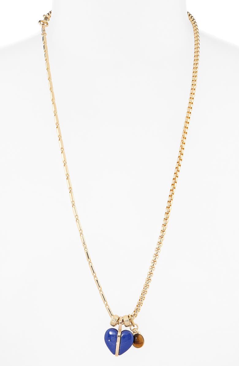 ROXANNE ASSOULIN Semi Heart Charm Cable Necklace, Alternate, color, Gold/ Lapis/ Tigers Eye