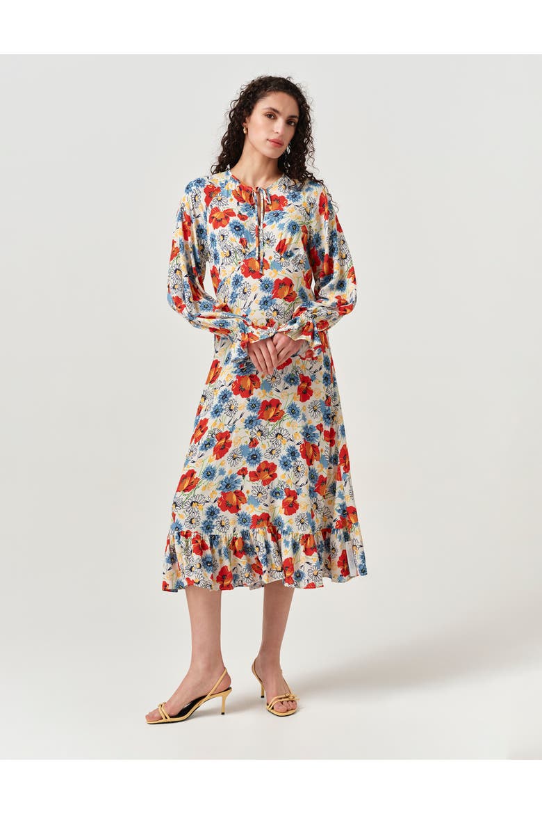 Georgie Tie Neck Crepe Midi Dress, Alternate, color, Ivory Floral