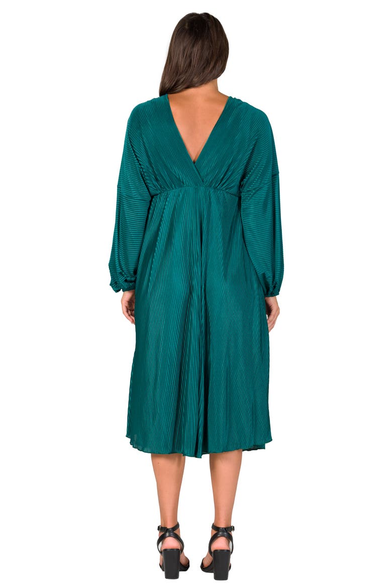 Shimmer Pleated V-neck Empire Waist Bishop Sleeve Midi Dress, Alternate, color, Hunter